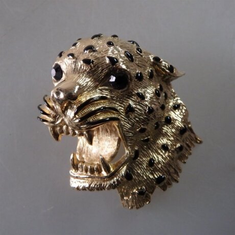Neugablonz: Brosche Leopardenkopf Emaille Strass (35714)