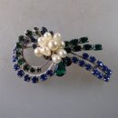Neugablonz: Grosse Brosche Perlen farbiger Strass (35733)