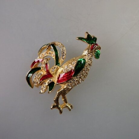 Neugablonz: Brosche Hahn Emaille Strass (35861)