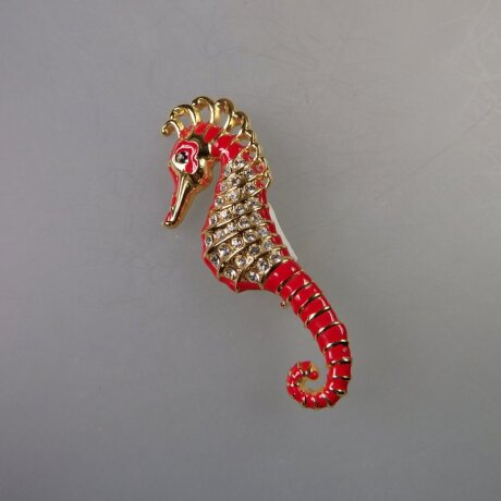 Neugablonz: Brosche Seepferdchen rote Emaille Strass (35865)