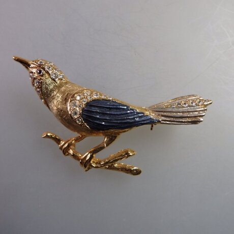 Neugablonz: Brosche Vogel auf Ast Emaille (35872)
