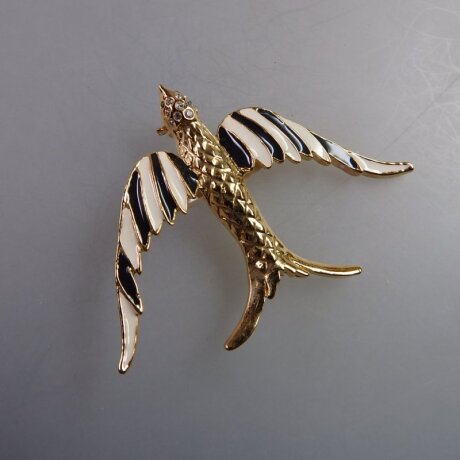 Neugablonz: Brosche fliegender Vogel Emaille Strass (35883)