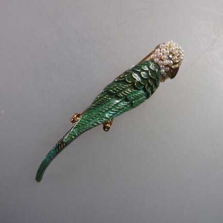 Neugablonz: Brosche Papagei Perlen Emaille Strass (35886)