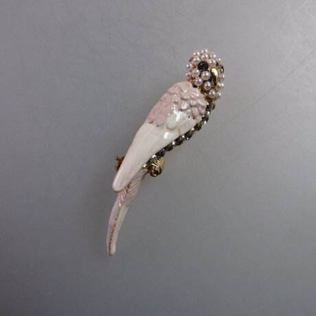 Neugablonz: Brosche Papagei Perlen Emaille Strass (35889)