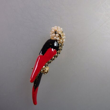 Neugablonz: Brosche Papagei Perlen Emaille Strass (35892)