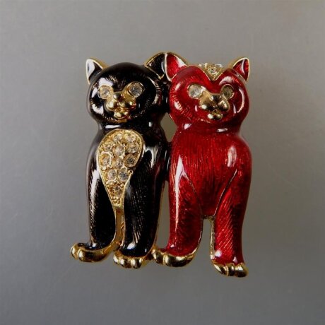 Neugablonz: Brosche 2 Katzen Emaille Strass (36014)