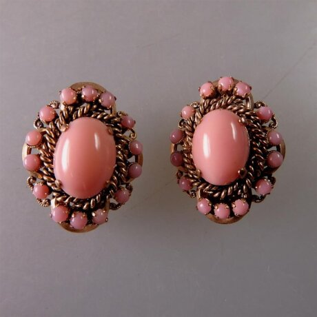 Neugablonz: Paar Ohrclips Rosenquarz Cabochon alter Stil um 1910 (36177)