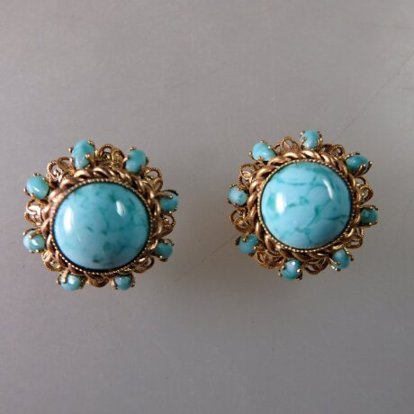 Neugablonz: Paar Ohrclips Türkis Cabochon alter Stil um 1910 (36178)