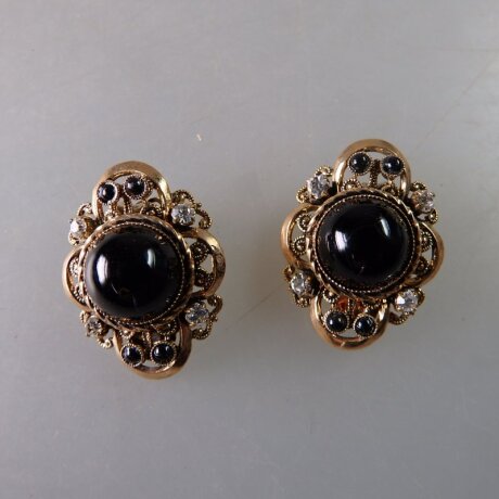 Neugablonz: Paar Ohrclips schwarzer Cabochon alter Stil um 1910 (36179)