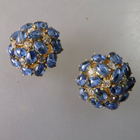 Neugablonz: Paar Ohrclips blaue Cabochons alter Stil um 1925 (36201)