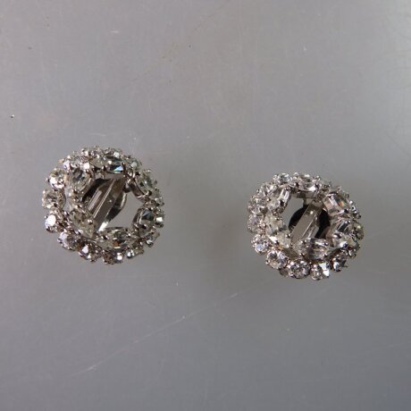 Neugablonz: Paar runde Ohrclips Strass alter Stil um 1925 (36278)