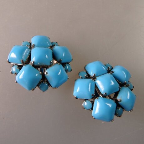 Neugablonz: Paar Ohrclips Türkis Cabochons alter Stil um 1935 (36315)