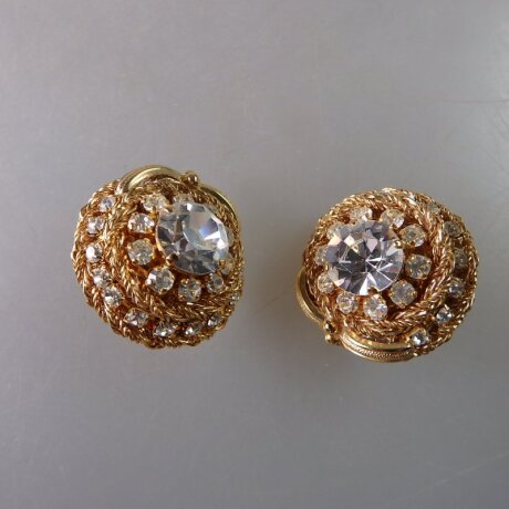 Neugablonz: Paar opulente Ohrclips Strass um 1950 (36325)