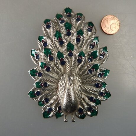 Neugablonz: Grosse Brosche Pfau Emaille Strass (36421)
