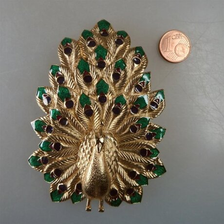 Neugablonz: Grosse Brosche Pfau Emaille Strass (36422)