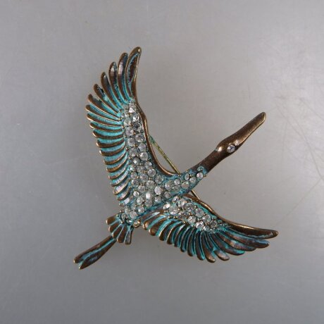 Neugablonz: Brosche Reiher bronziert Strass (36455)