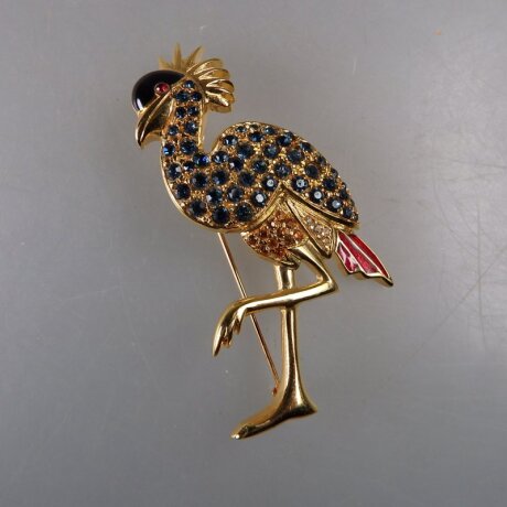 Neugablonz: Brosche Kronenkranich Emaille Strass (36459)