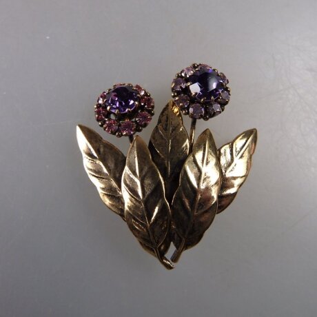 Neugablonz: Brosche 2 Blüten Strass um 1950 (36589)