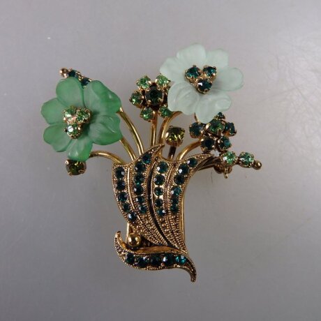Neugablonz: Brosche 2 Blüten Strass um 1950 (36590)
